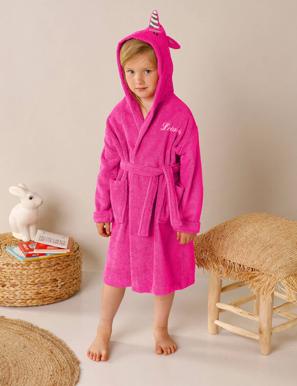 Peignoir de bain enfant personnalisable licorne à capuche (fuchsia)