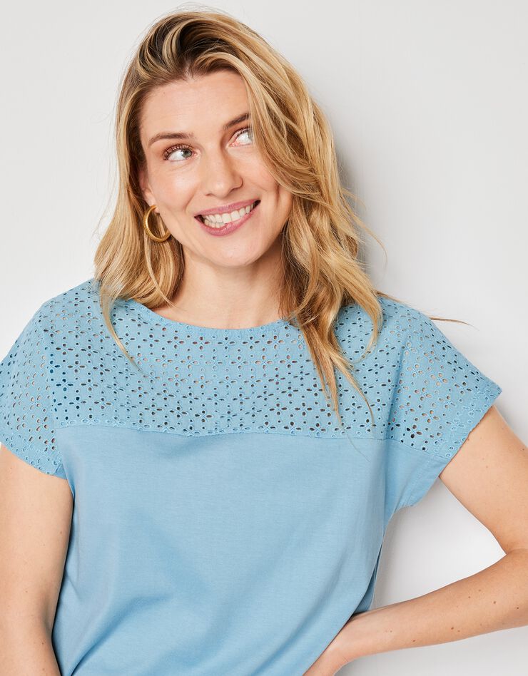 Tee-shirt broderie anglaise manches courtes (bleu grisé) Tee-shirt broderie anglaise manches courtes (bleu grisé)