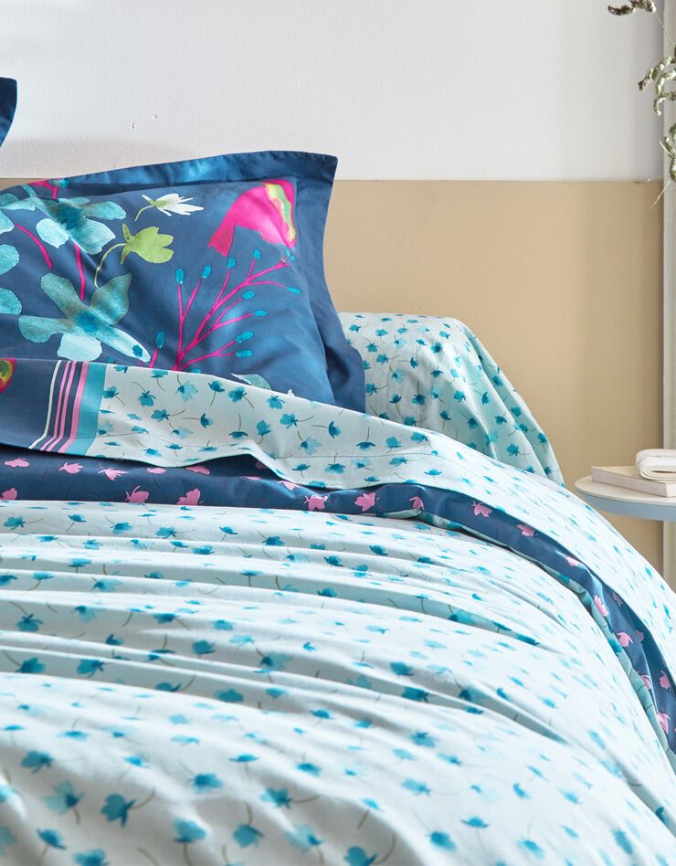 Linge de lit Betty en coton à motifs fleurs et oiseaux (bleu)