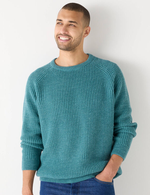 Pull col rond manches marteau c&ocirc;tes anglaises 30% laine (c&eacute;ladon moulin&eacute;)