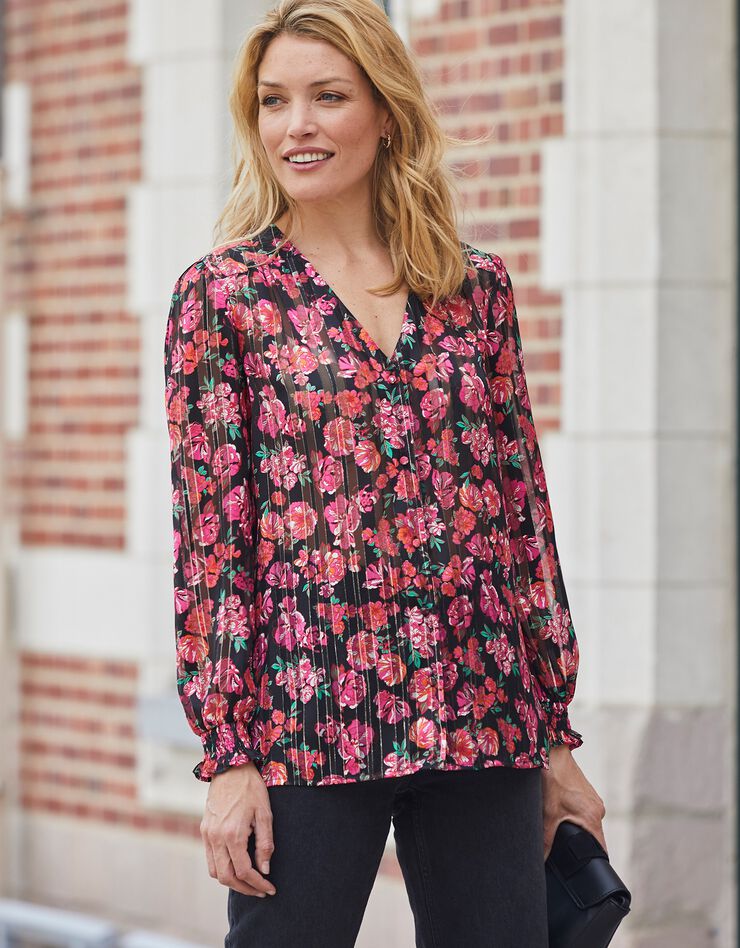 Blouse boutonnée imprimé fleuri, voile jacquard (noir / fuchsia) Blouse boutonnée imprimé fleuri, voile jacquard (noir / fuchsia)