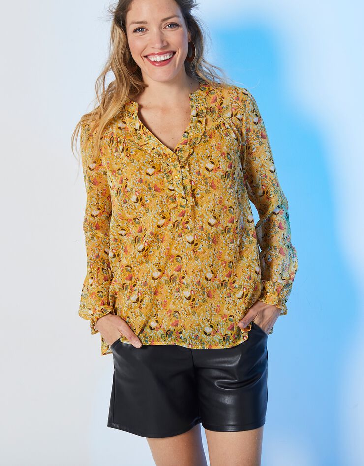 Blouse volantée, voile imprimé (miel / corail) Blouse volantée, voile imprimé (miel / corail)