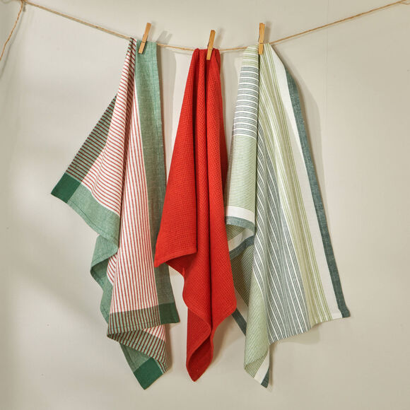 Torchons rayés et uni coton tissé teint - lots (vert / terracotta)