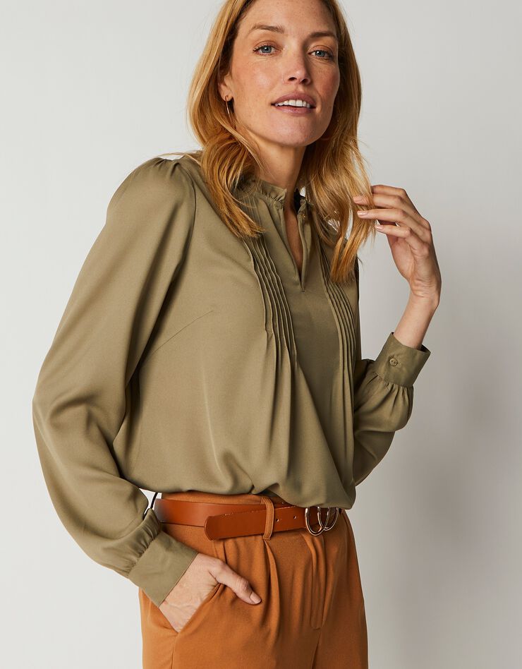 Blouse à plis manches longues unie (kaki clair) Blouse à plis manches longues unie (kaki clair)