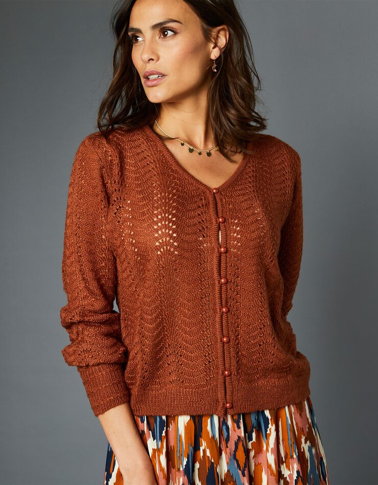 Gilet maille fantaisie ajourée toucher mohair (caramel) Gilet maille fantaisie ajourée toucher mohair (caramel)