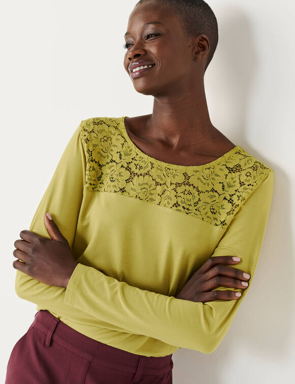 T-shirt col rond manches longues dentelle (vert olive)