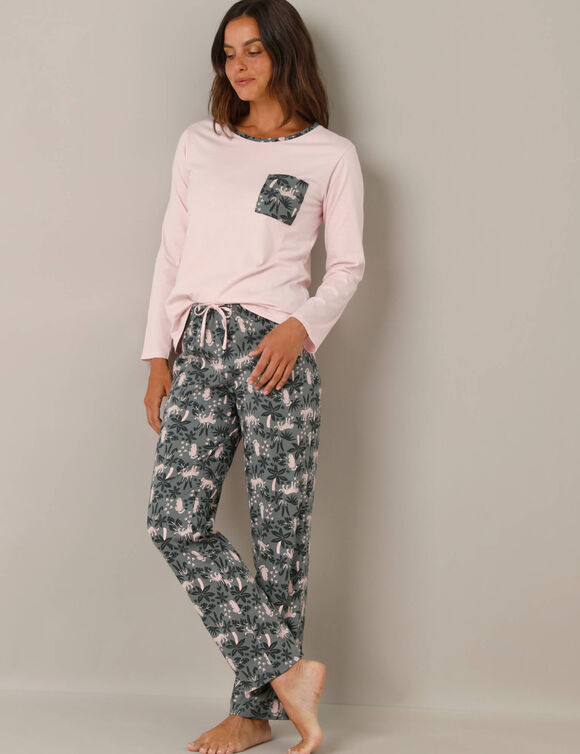 Pyjama imprimé jungle, maille jersey coton (gris / rose)
