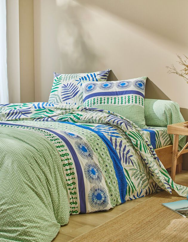 Linge de lit Adèle imprimé feuillage graphique - coton (bleu)