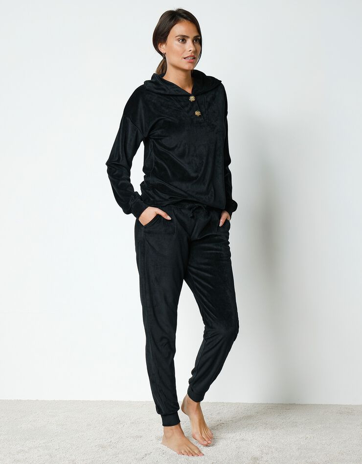 Pyjama velours stretch manches longues col boutonné (noir)