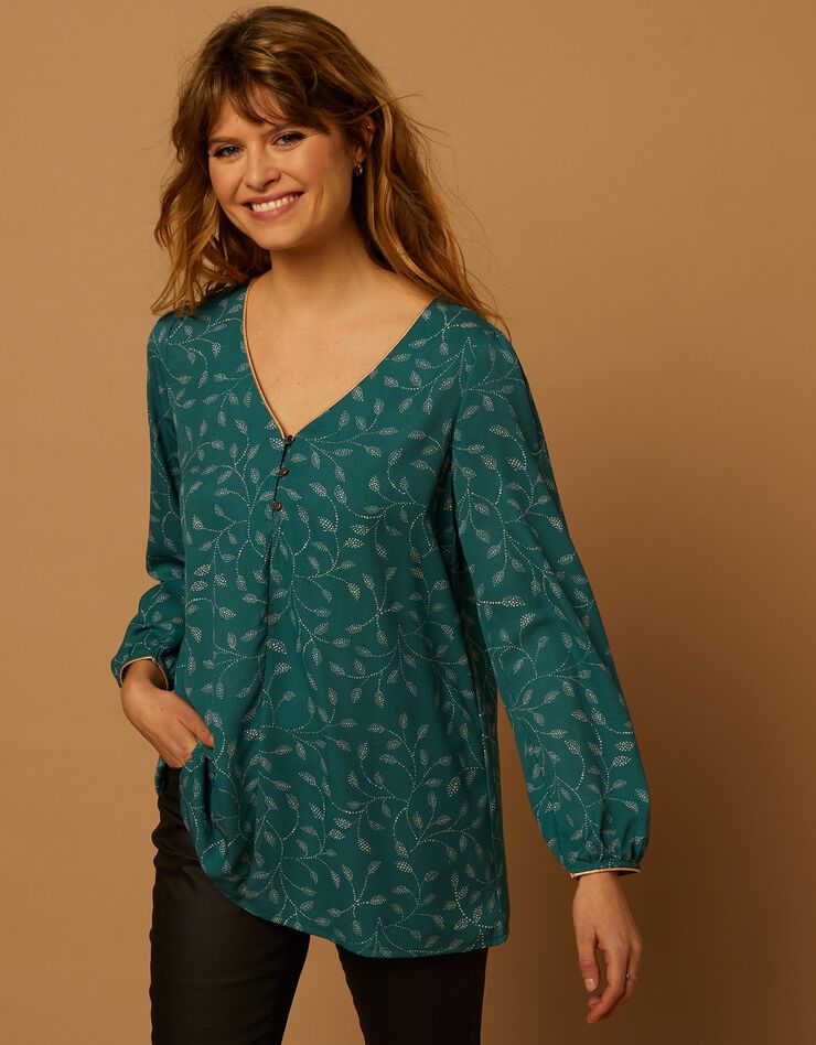 Blouse évasée détails dorés imprimé bicolore, crêpe (vert grisé / blanc) Blouse évasée détails dorés imprimé bicolore, crêpe (vert grisé / blanc)