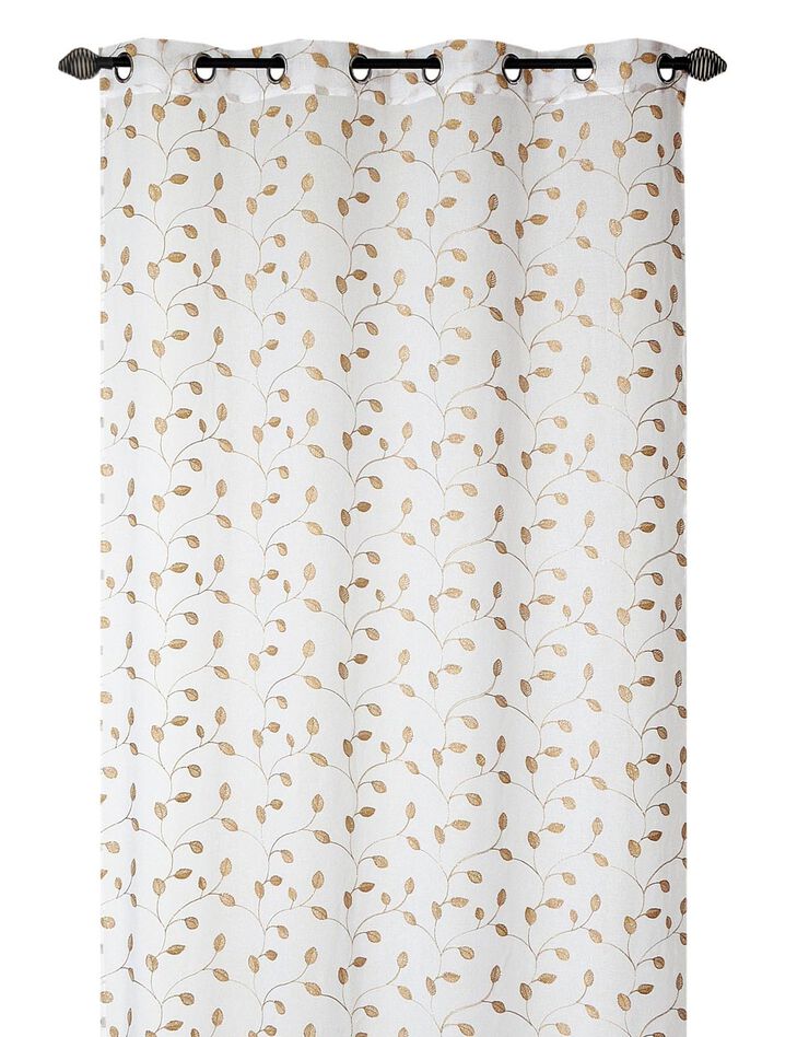 Panneau voile brodé Petites feuilles finition oeillets (blanc / doré)