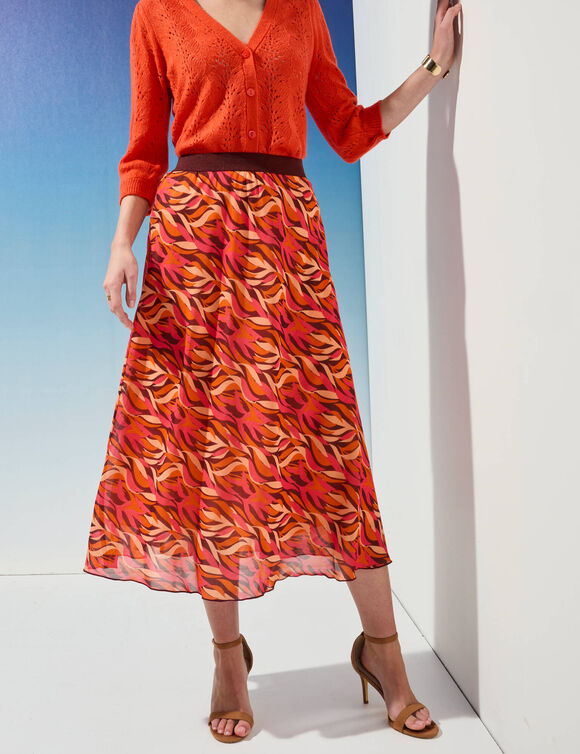 Jupe longue imprimé zébré, taille élastiquée (orange / chocolat)