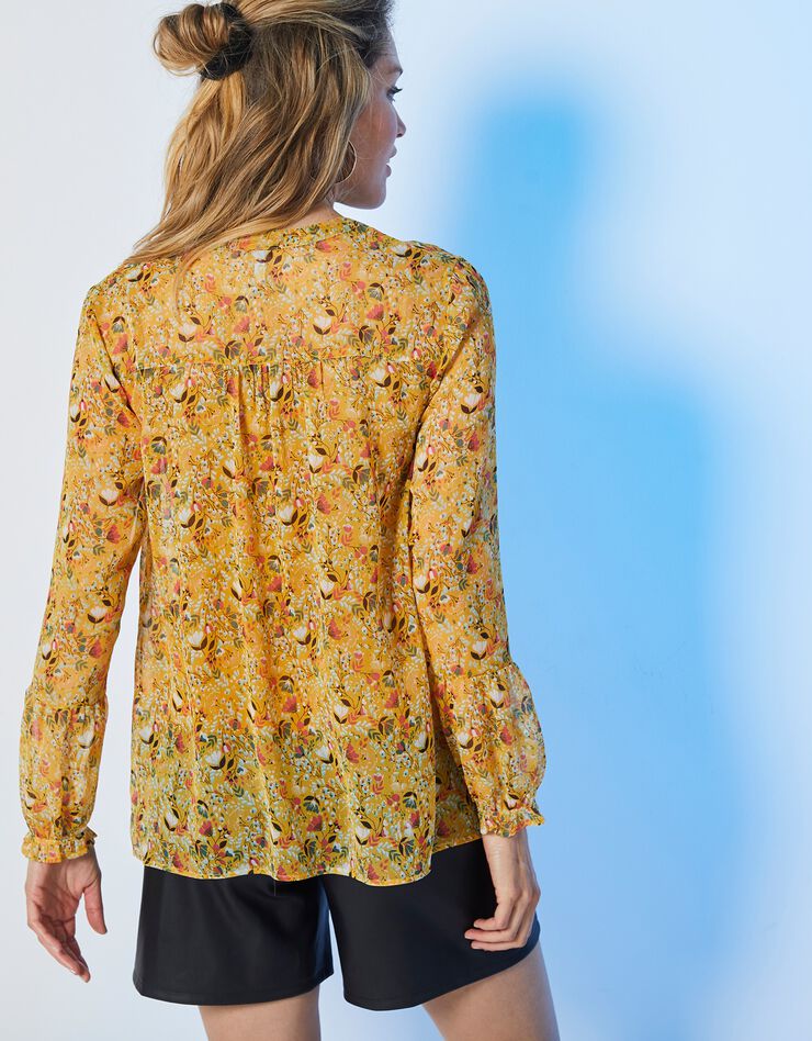Blouse volantée, voile imprimé (miel / corail) Blouse volantée, voile imprimé (miel / corail)