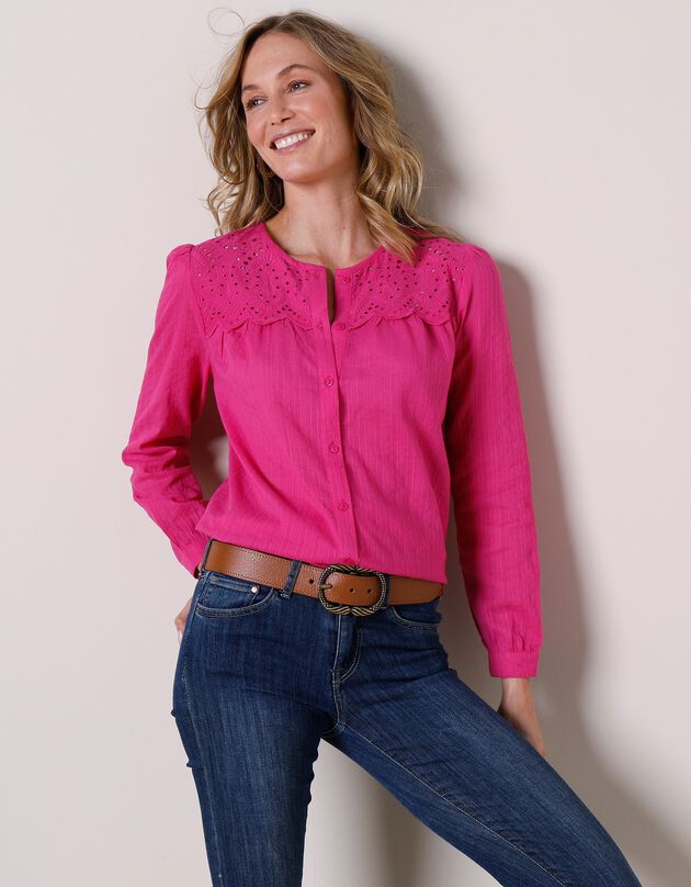 Chemise boutonnée coton texturé, empiècement brodé (rose)
