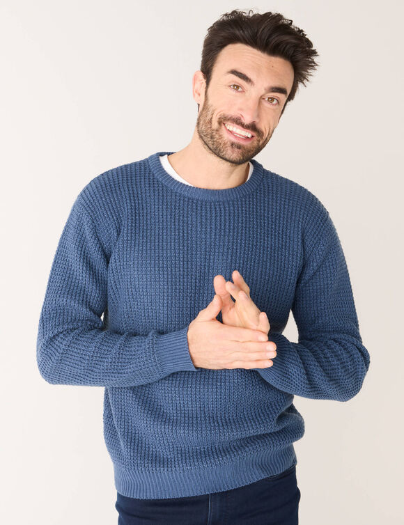 Pull maille gaufr&eacute;e col rond (bleu ardoise)