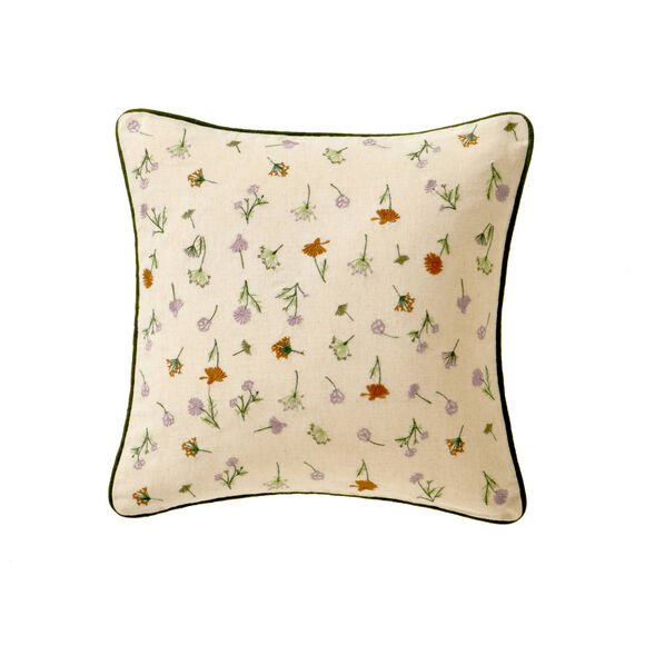 Coussin coton lin broderie fleurie (vert / parme)