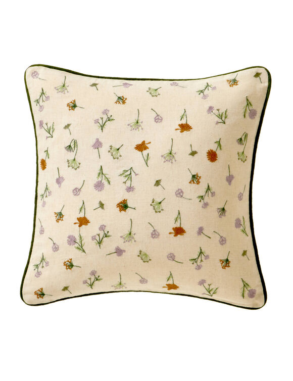 Coussin coton lin broderie fleurie (vert / parme)