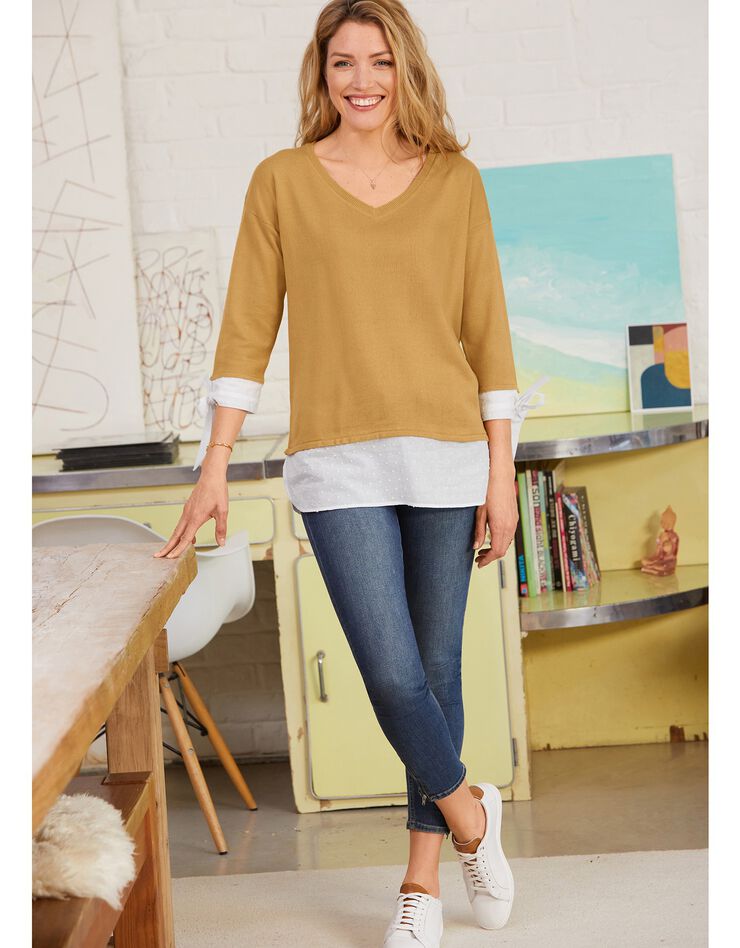 Pull bi-matière plumetis effet 2en1 toucher cachemire (curry) Pull bi-matière plumetis effet 2en1 toucher cachemire (curry)