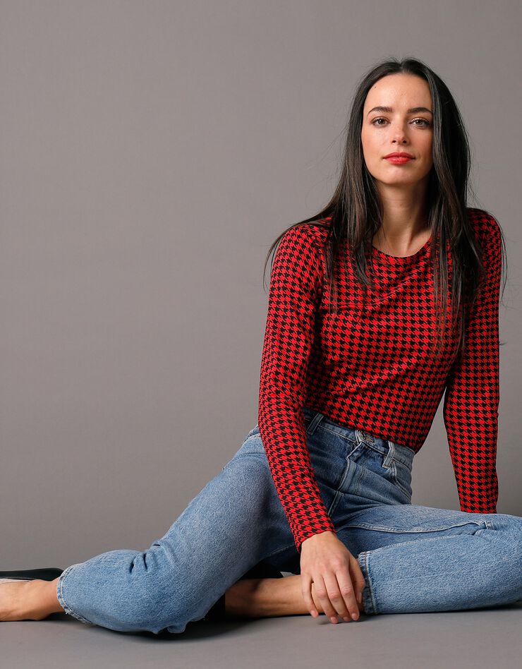 Tee-shirt col rond imprimé pied-de-poule, stretch (noir / rouge) Tee-shirt col rond imprimé pied-de-poule, stretch (noir / rouge)