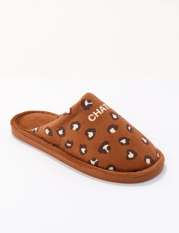 Mules &agrave; message, motif l&eacute;opard. (caramel)