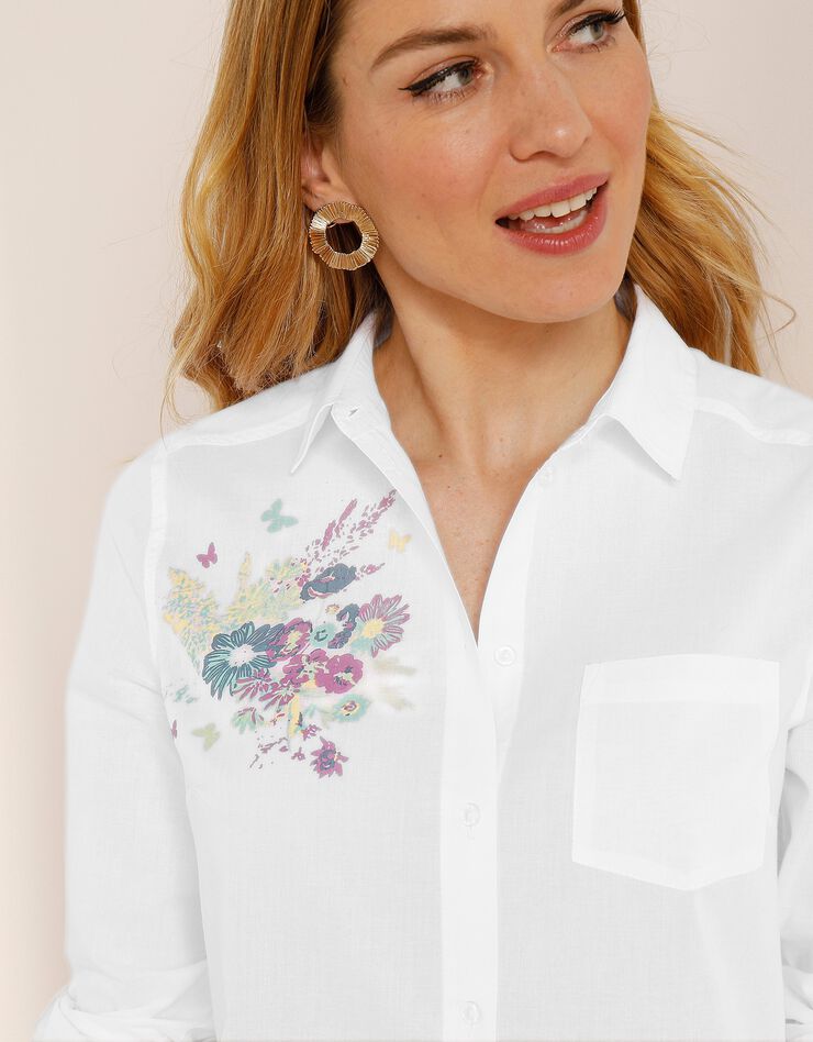 Chemise boutonnée imprimé placé, coton (blanc / parme) Chemise boutonnée imprimé placé, coton (blanc / parme)