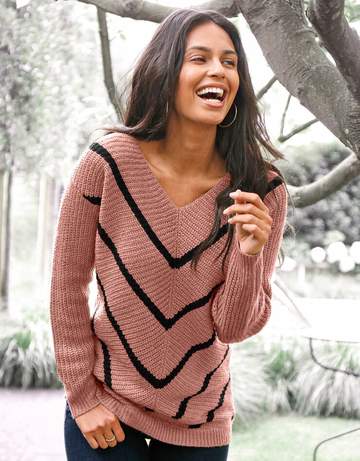 Pull col V rayé, maille anglaise toucher mohair (bois de rose / noir)