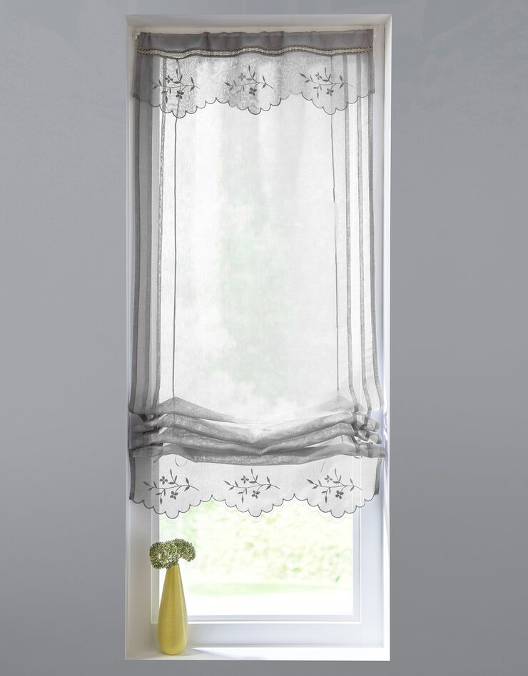 Vitrage effet lin macramé brodé finition passe-tringle (gris)