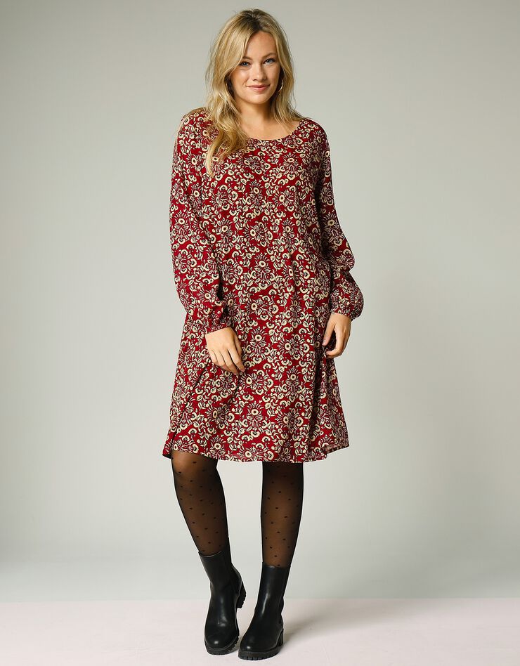 Robe courte évasée imprimée, crêpe (rouge foncé)