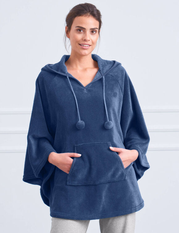 Poncho à capuche, maille polaire toucher peluche (bleu)