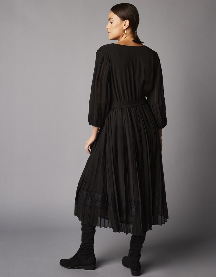 Robe cache-cœur longue en voile plissé et dentelle (noir)