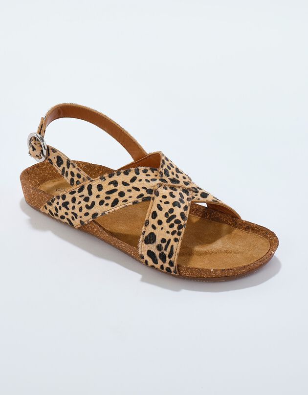 Sandales compensées brides croisées imprimé peau de bête (beige)