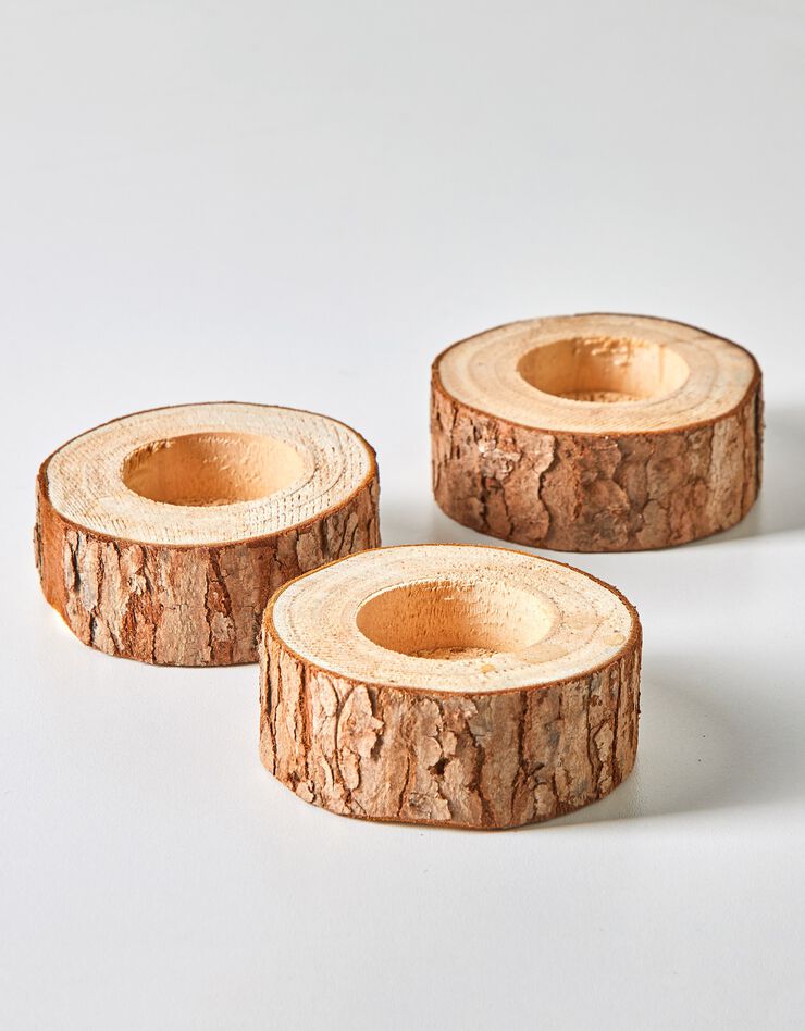 Bougeoir forme rondin de bois - lot de 3 (marron)