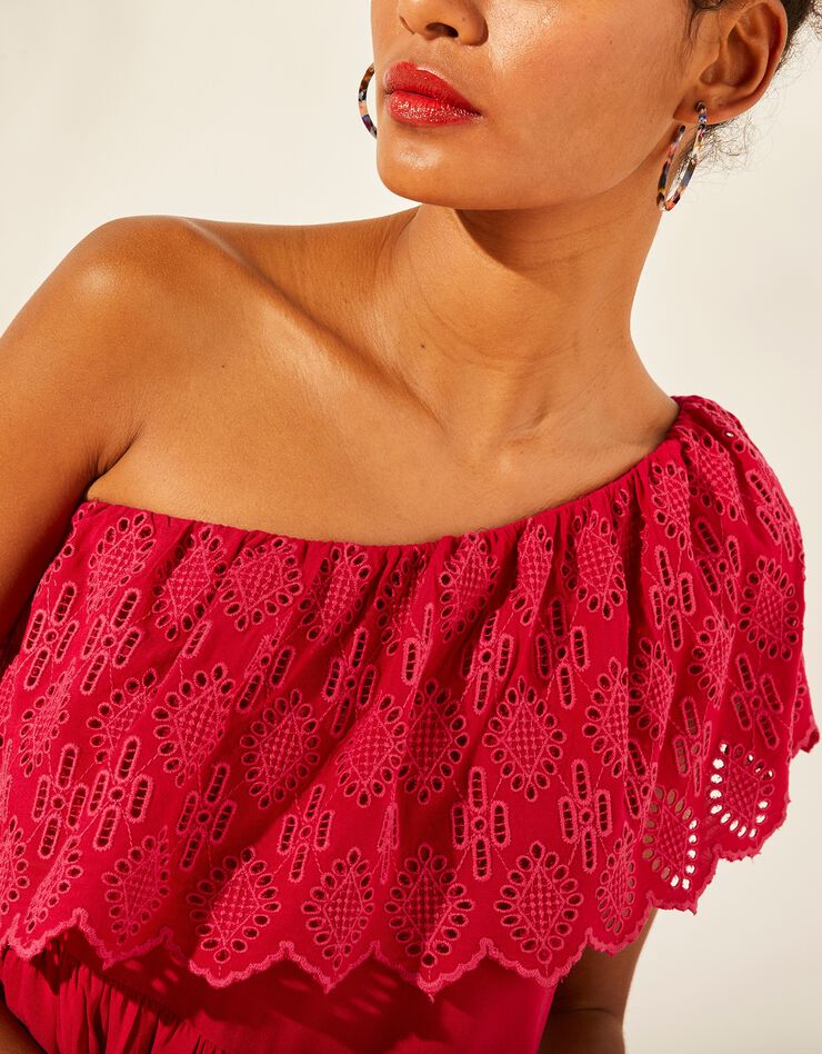 Robe longue one shoulder avec volant broderie anglaise (framboise)