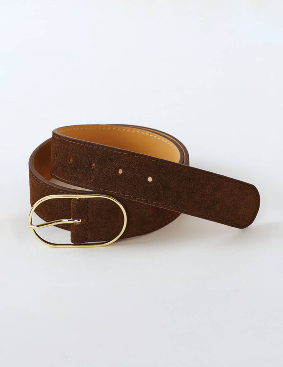 Ceinture boucle coloris doré, croûte de cuir (chocolat)