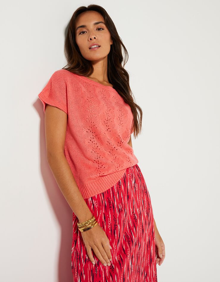 Pull manches courtes, maille ajourée toucher mohair (corail) Pull manches courtes, maille ajourée toucher mohair (corail)