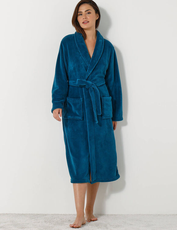 Peignoir mixte adulte col châle, microfibre toucher peluche (bleu paon)