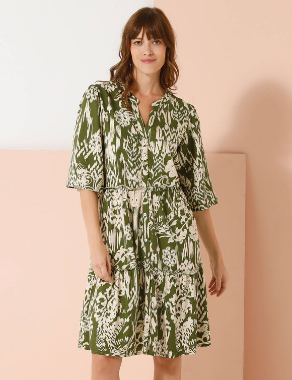 Robe évasée à volants, imprimé ethnique bicolore (vert / écru)