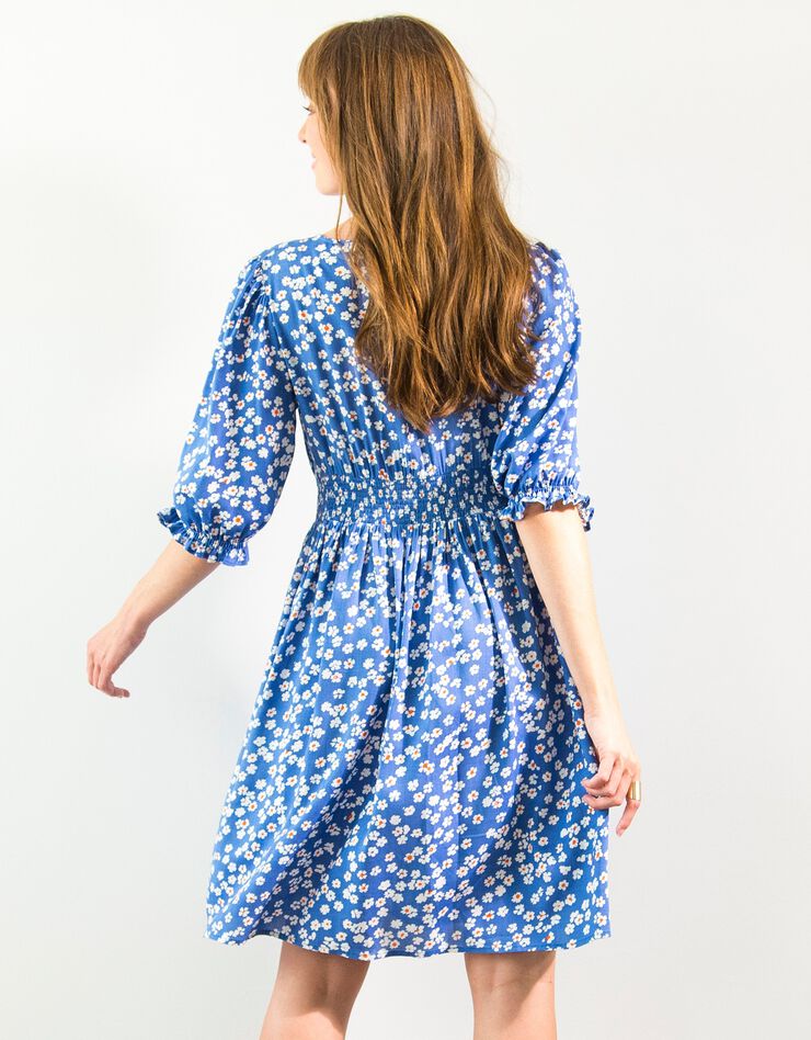 Robe imprimée col V base évasée (bleu / écru)