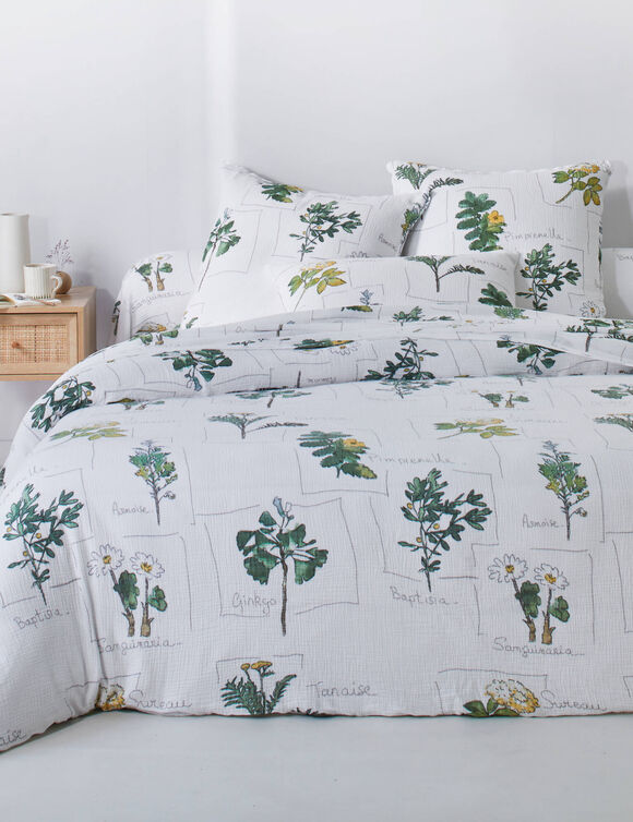 Linge de lit Botanic imprim&eacute; - double gaze de coton (blanc / vert)