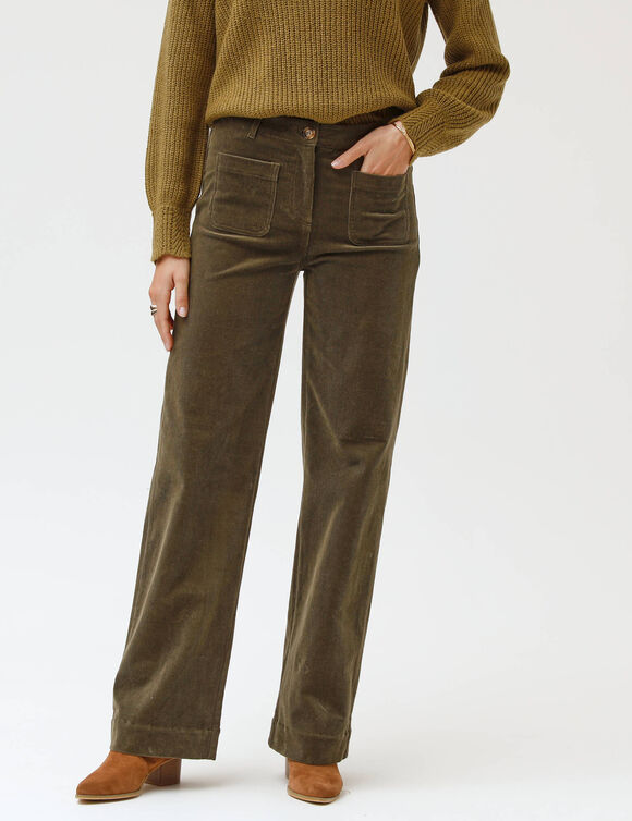 Pantalon coupe large taille haute, petite stature (kaki)