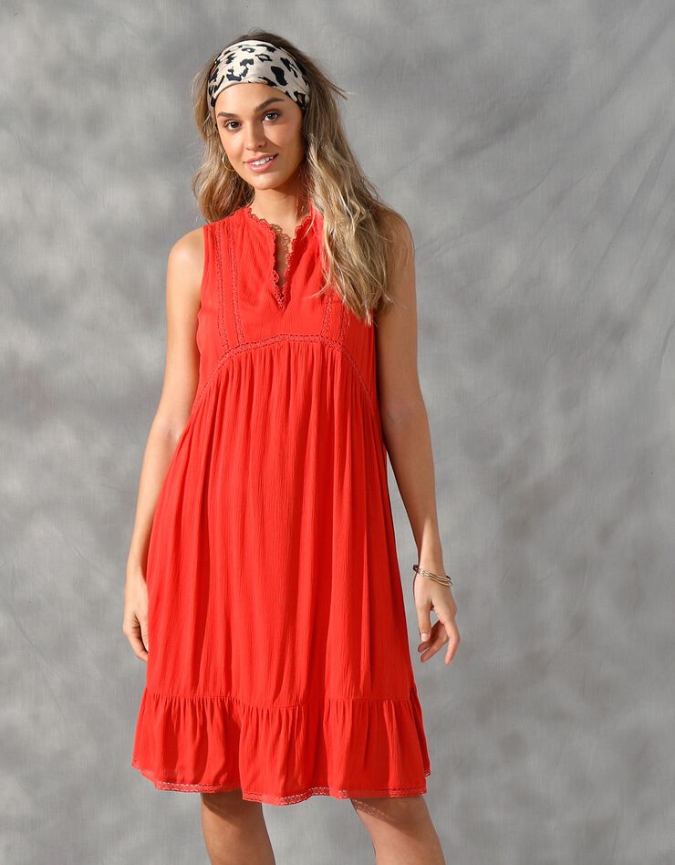 Robe sans manches unie découpes en macramé (orange)