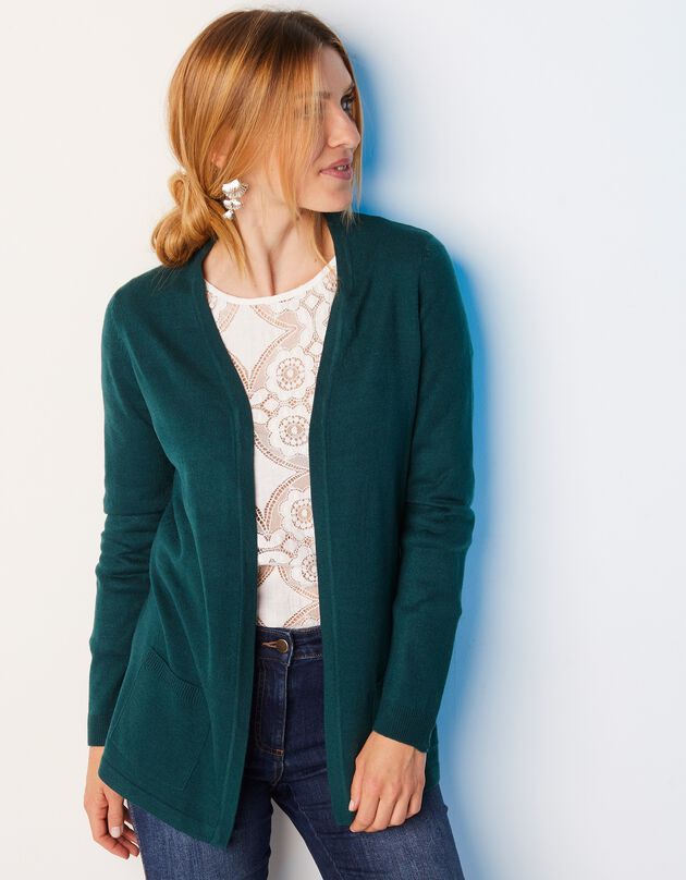 Gilet porter ouvert toucher cachemire (vert foncé) Gilet porter ouvert toucher cachemire (vert foncé)