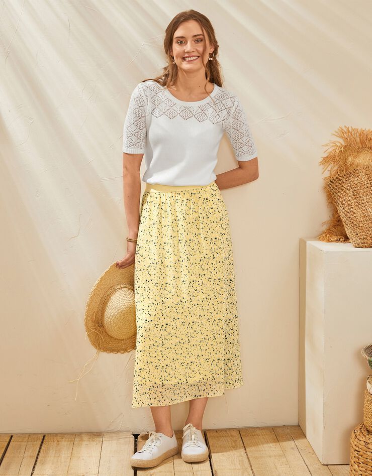 Jupe longue évasée imprimé minimaliste, voile (jaune) Jupe longue évasée imprimé minimaliste, voile (jaune)