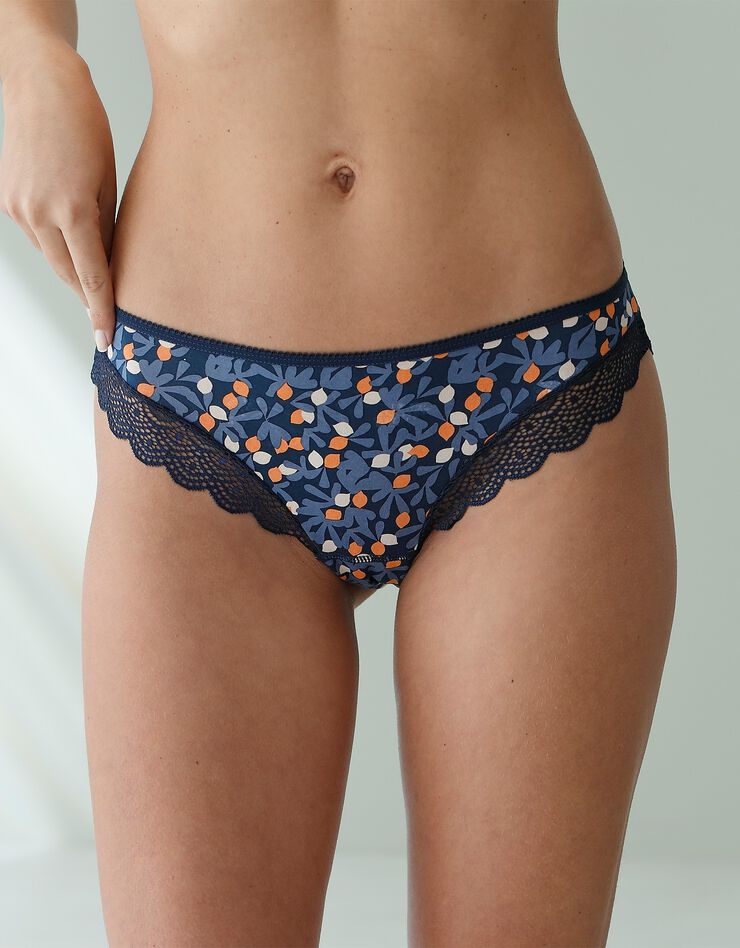 Culotte forme tanga en coton imprimé et dentelle - lot de 3 (marine + bleu + orange) Culotte forme tanga en coton imprimé et dentelle - lot de 3 (marine + bleu + orange)