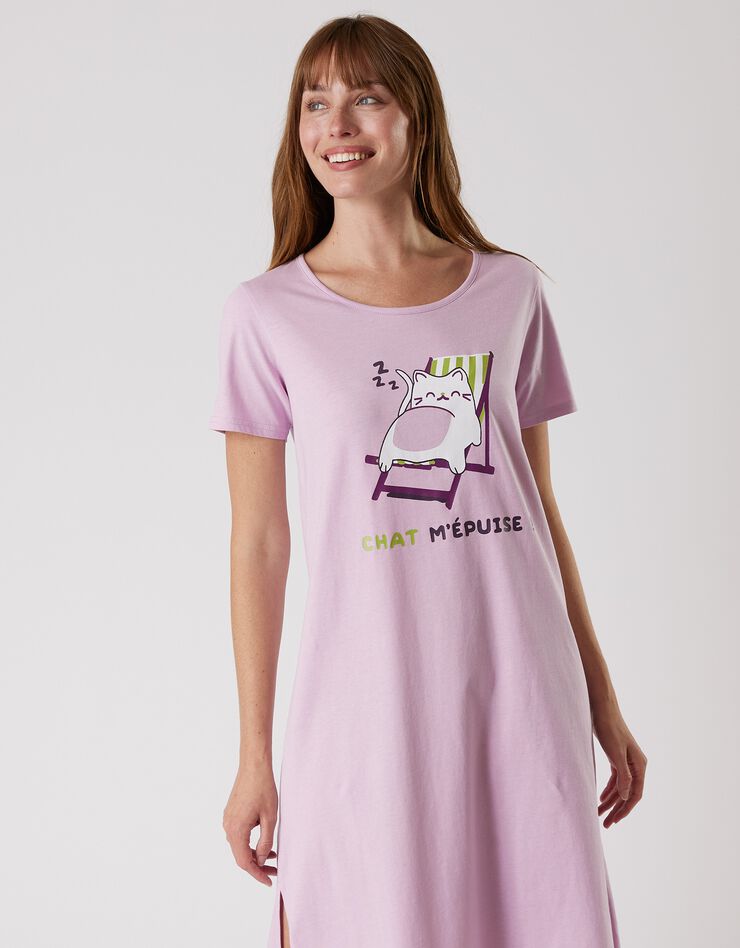 Chemise de nuit courte manches courtes – imprimé "Chat" (lilas)
