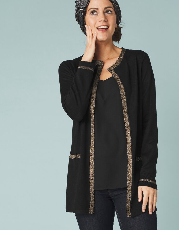 Gilet long toucher cachemire détails brillants (noir) Gilet long toucher cachemire détails brillants (noir)