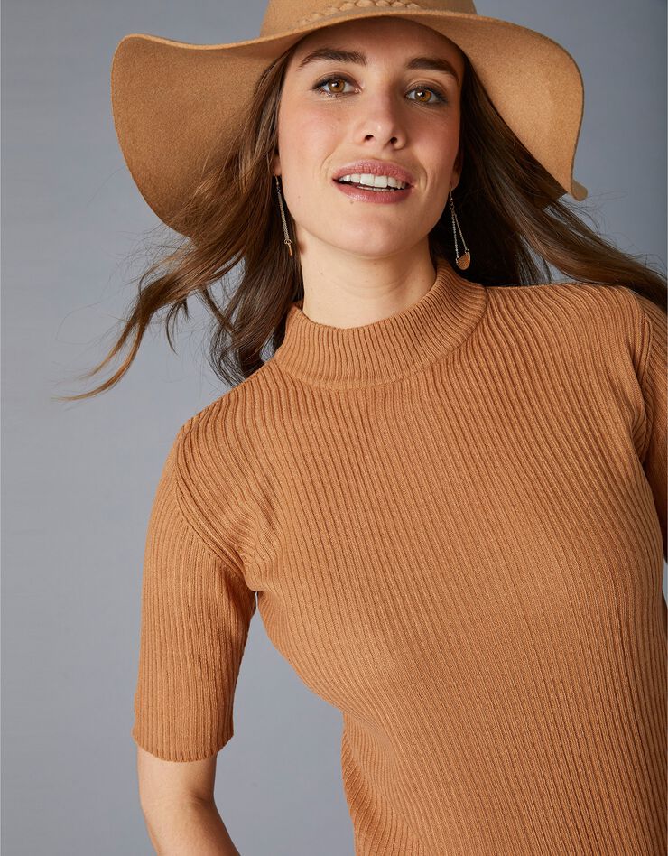 Pull col montant manches courtes maille côtelée (caramel) Pull col montant manches courtes maille côtelée (caramel)