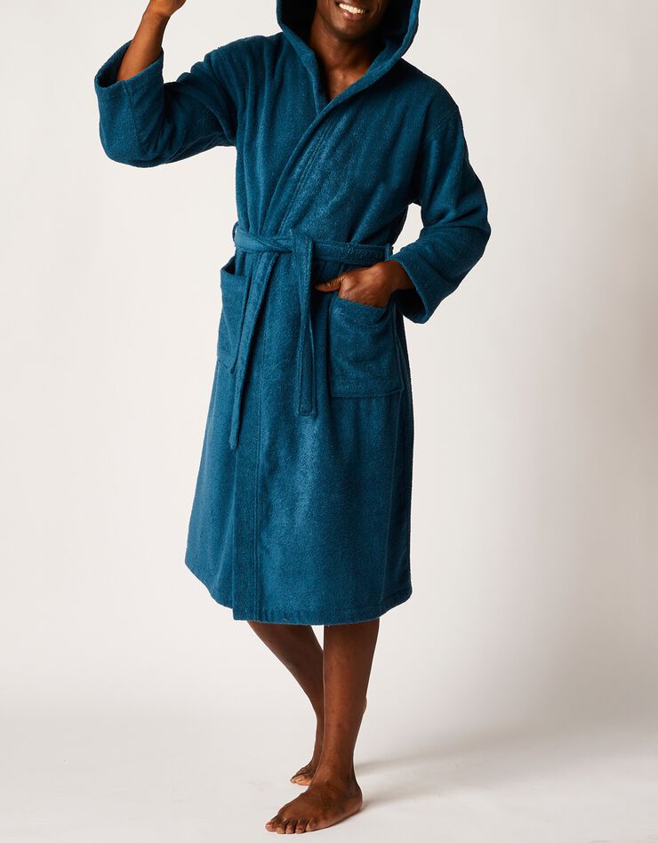 Peignoir mixte adulte col capuche éponge bouclette (bleu paon)