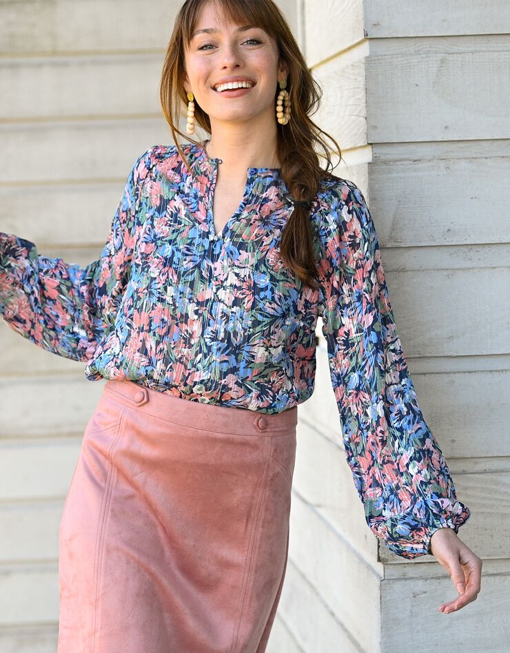 Blouse col rond smocks épaules, voile jacquard (indigo / rose) Blouse col rond smocks épaules, voile jacquard (indigo / rose)