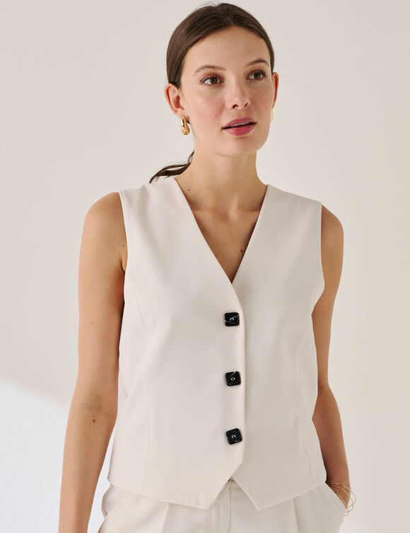 Veste "cafetier" sans manches, cr&ecirc;pe fluide (&eacute;cru)